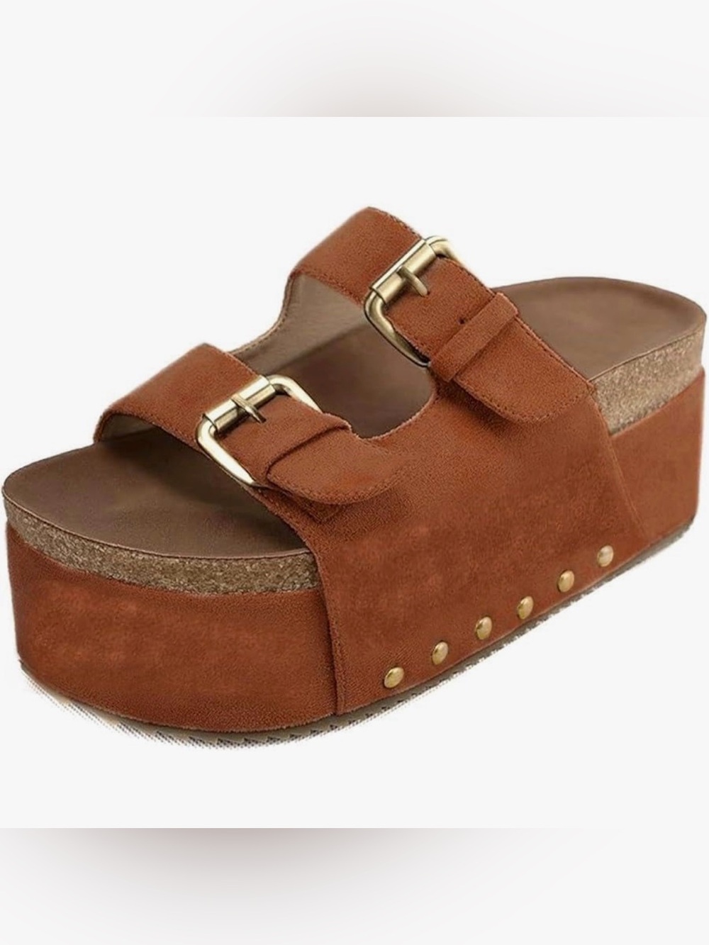 Tan Suede Double-Buckle cork Slide platform Sandal - Picture 2 of 9